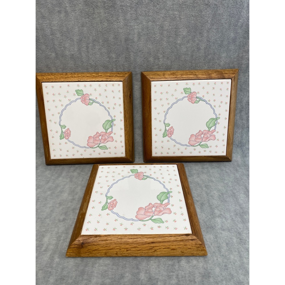Set of 3 Vintage Floral Ceramic Tile Wood Trivets Hot Pad Retro Decor Grannycore